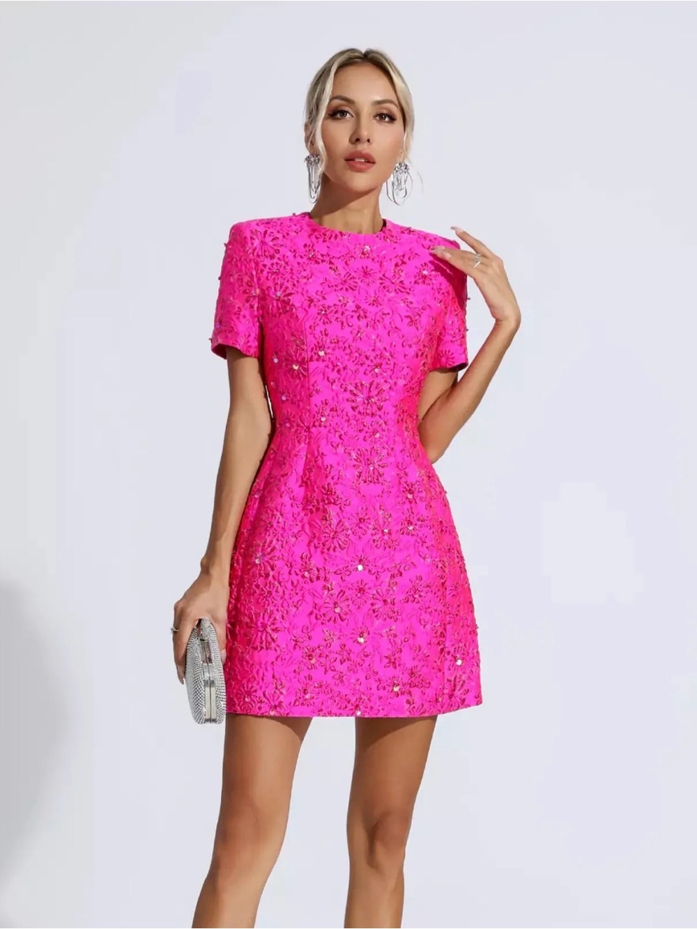 Catchall Astrid Pink Jacquard Floral Mini Dress beaded sequins size XL Barbie